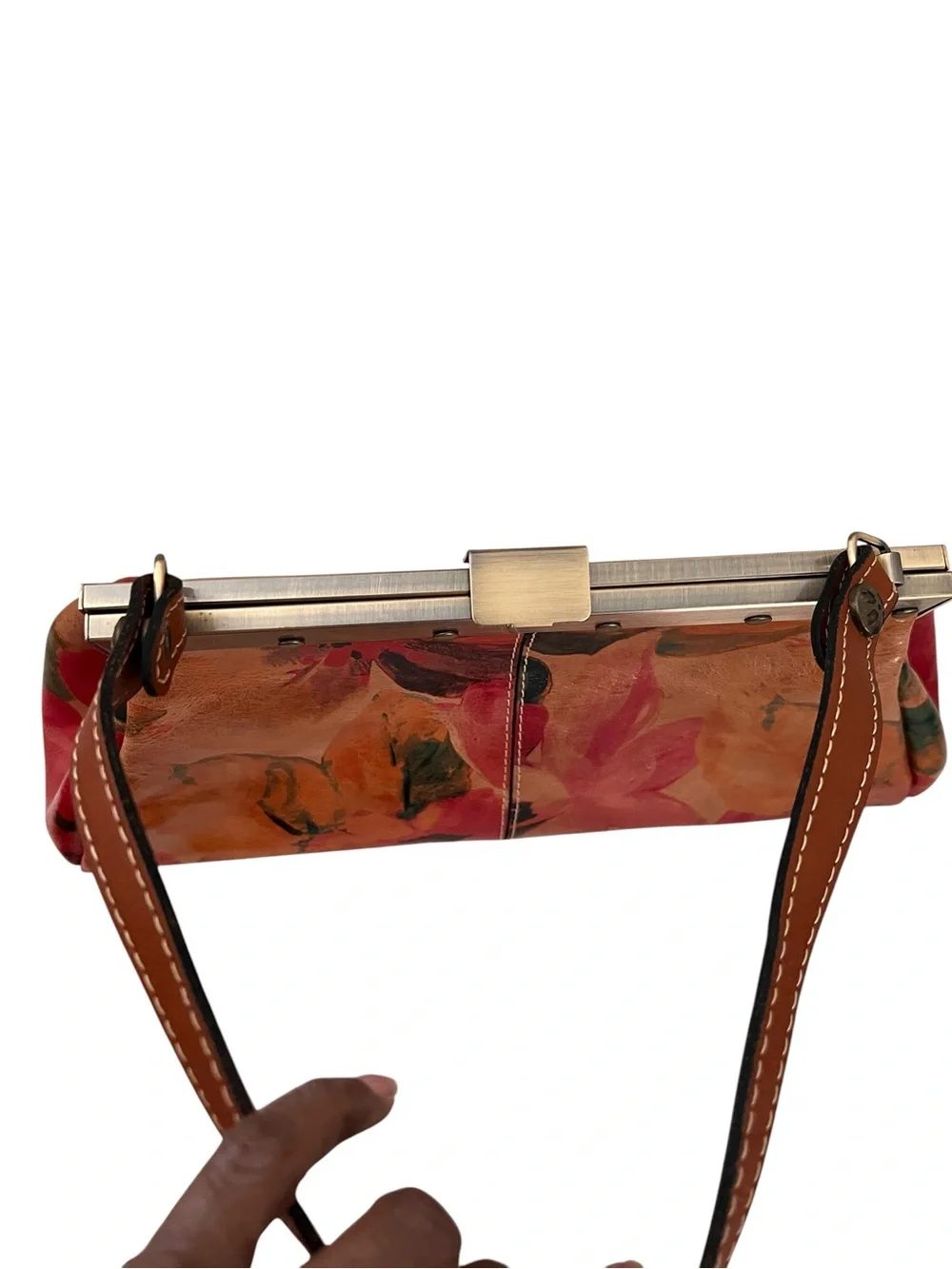 Patricia Nash Floral Leather Frame-Top Shoulder Bag in Red